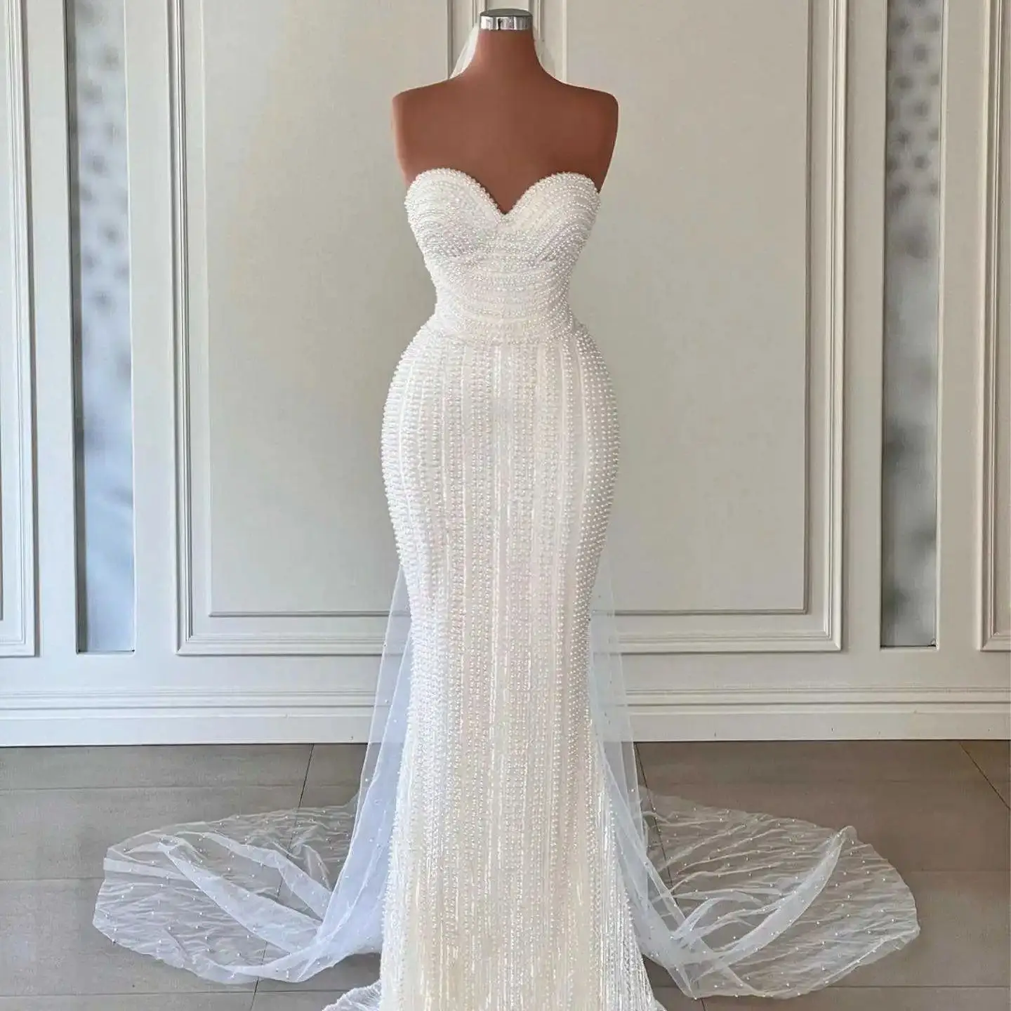 Simple Mermaid Wedding Dresses Strapless Beading Pearls Lace Evening Dresses Bridal Gown Court Train Vestido De Noiva Customized 
Simple Mermaid Wedding Dresses Strapless Beading Pearls Lace Evening Dresses Bridal Gown Court Train Vestido De Noiva Customized