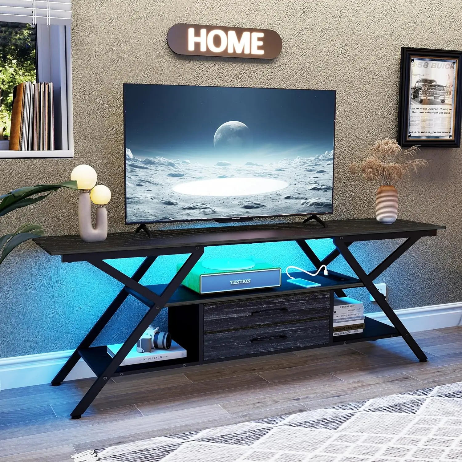 TV Stand with Power Outlet and LED Lights, Fits TVs up to 65”, 2 Fabric Drawers Entertainment Center with Open Storage Shelves
TV Stand with Power Outlet and LED Lights, Fits TVs up to 65”, 2 Fabric Drawers Entertainment Center with Open Storage Shelves