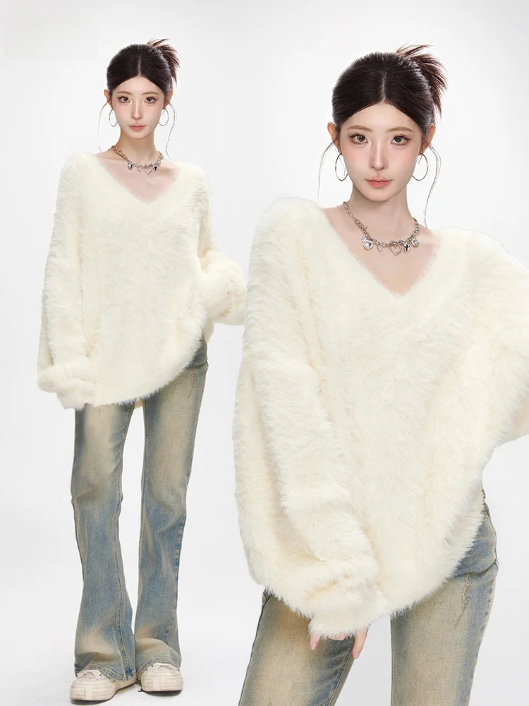 Thickened American Style White Mink V-Neck Pullover Sweater Women Spring Autumn Lazy Loose Knitted Outerwear
Thickened American Style White Mink V-Neck Pullover Sweater Women Spring Autumn Lazy Loose Knitted Outerwear