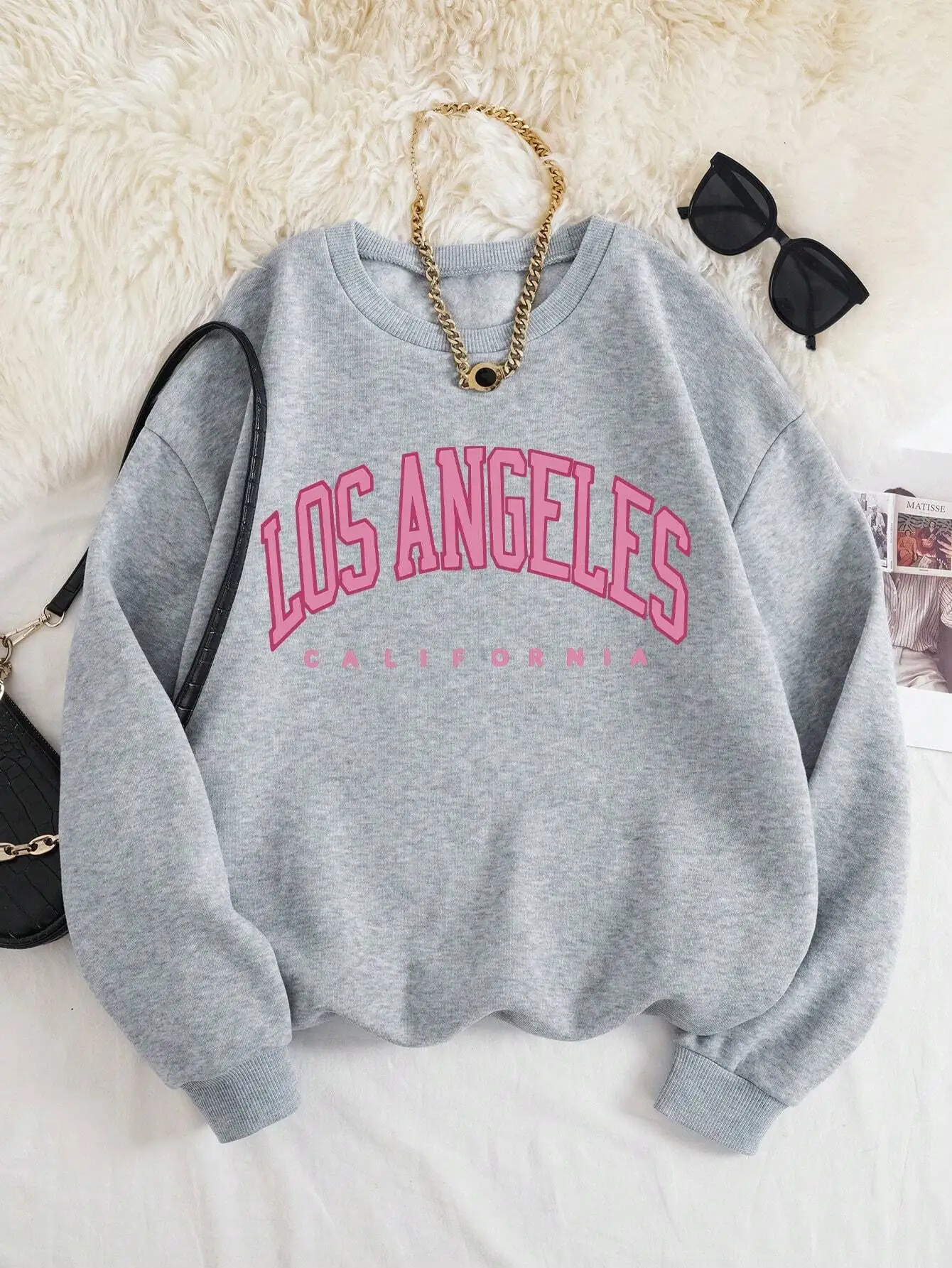 Gray Los Angeles Pink Print Round Neck Long Sleeve Sweatshirt for Women, Casual Fall Winter Outfit
Gray Los Angeles Pink Print Round Neck Long Sleeve Sweatshirt for Women, Casual Fall Winter Outfit