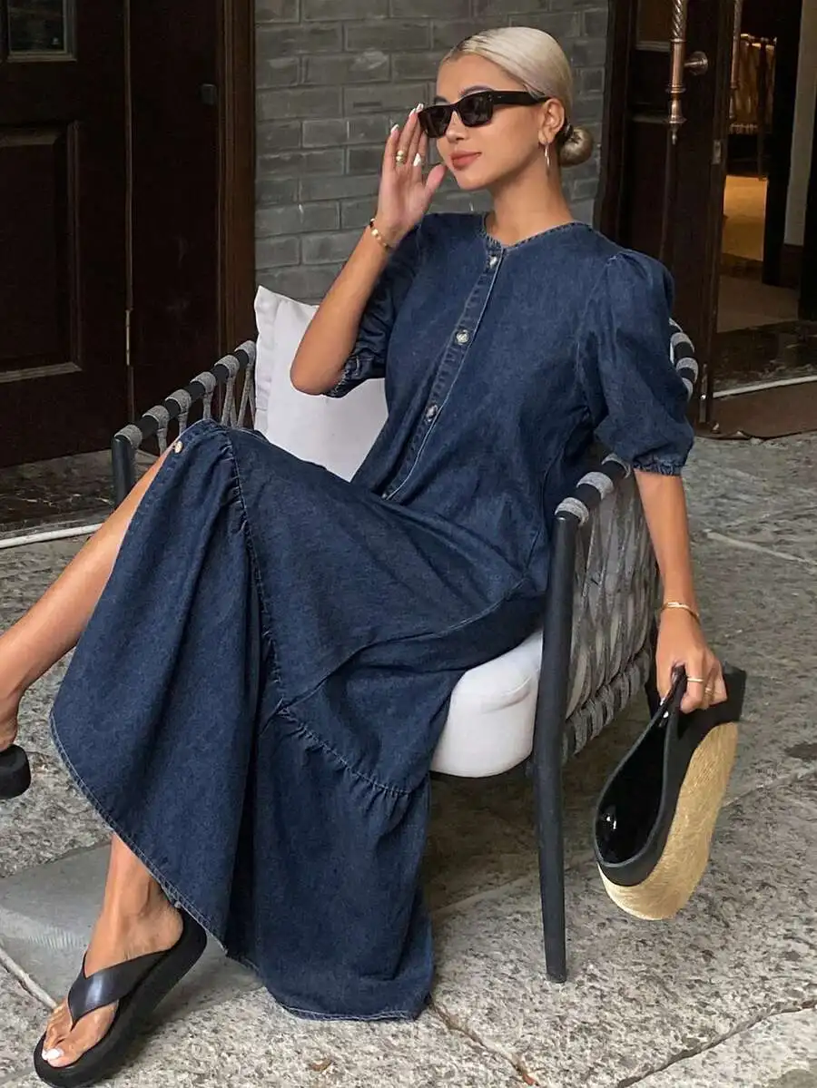 Denim Maxi Dress For Women With Front Buttons Puff Sleeves And Ruffled Tiered Skirt Spring Summer Casual Wear
Denim Maxi Dress For Women With Front Buttons Puff Sleeves And Ruffled Tiered Skirt Spring Summer Casual Wear
