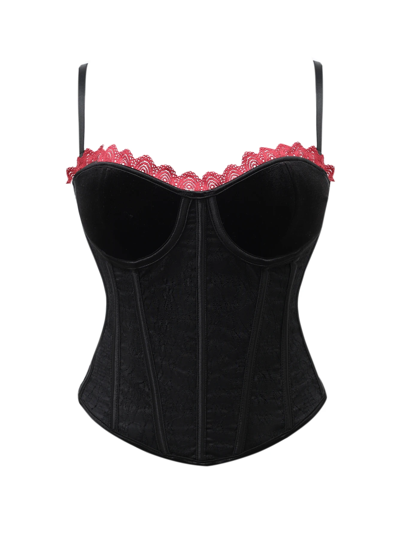 Black velvet red lace strapless corset with adjustable shoulder straps and fishbone shaping for body contouring
Black velvet red lace strapless corset with adjustable shoulder straps and fishbone shaping for body contouring