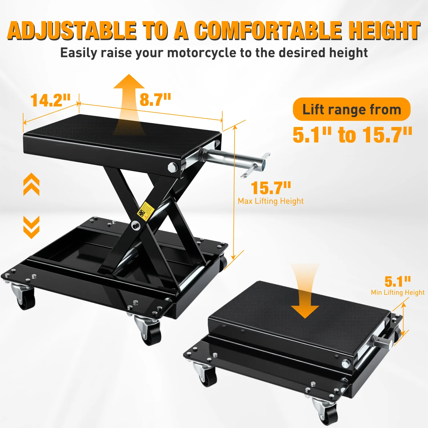 Nilight Motorcycle Lift 1100 LBS ATV Scissor Lift Jacks with Dolly Wheels Crank Handle 5.1"-15.7" Hoist Stand Heavy Duty Steel Lifter Jack for Motorcycles Dirt Bike Garage Storage Repair Tool, Black
Nilight Motorcycle Lift 1100 LBS ATV Scissor Lift Jacks with Dolly Wheels Crank Handle 5.1"-15.7" Hoist Stand Heavy Duty Steel Lifter Jack for Motorcycles Dirt Bike Garage Storage Repair Tool, Black