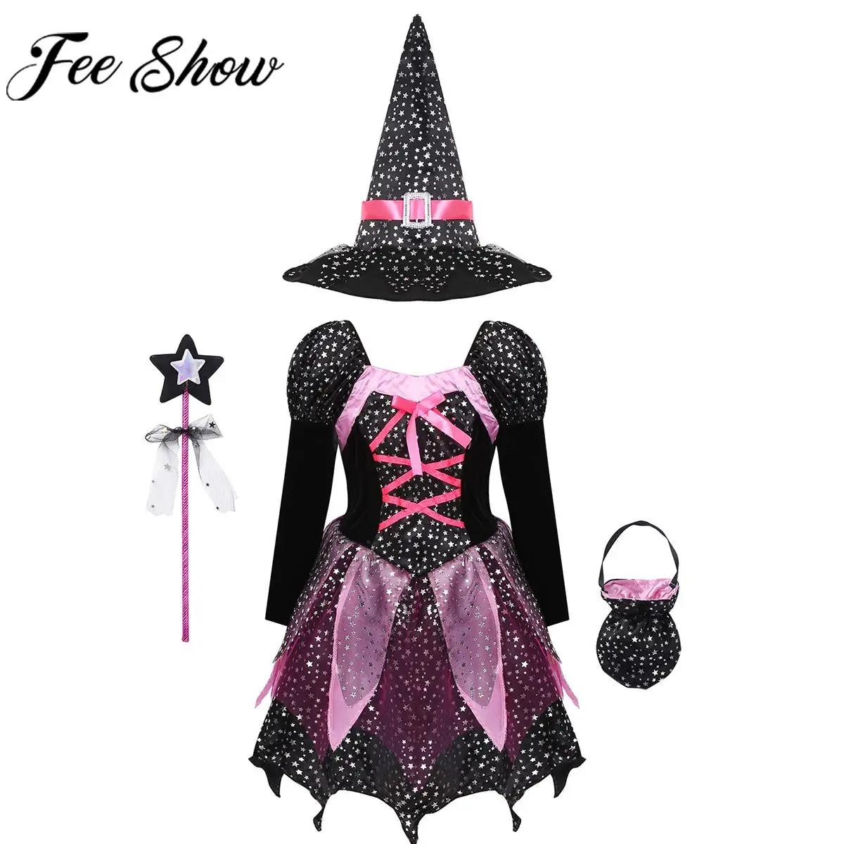 Girls Witch Cosplay Costume Princess Dresses with Pointed Hat Wand Candy Bag Halloween Theme Party Carnival Sorceress Outfits
Girls Witch Cosplay Costume Princess Dresses with Pointed Hat Wand Candy Bag Halloween Theme Party Carnival Sorceress Outfits