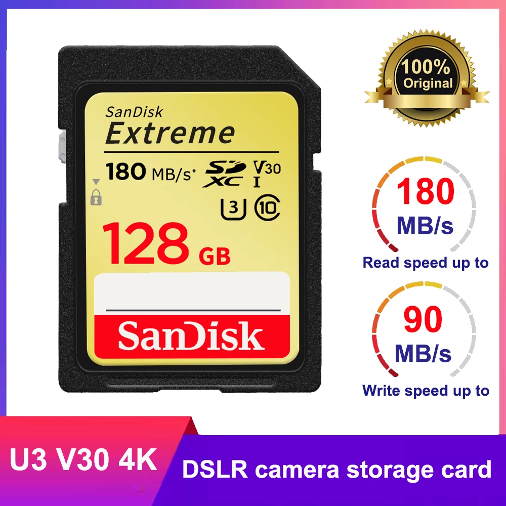 Карта SanDisk Extreme SDXC UHS-I 32 ГБ 64 ГБ SD-карта 128 ГБ C10 U3 256 ГБ флэш-карта для видеокамеры 4K UHD Карта памяти до 180 МБ 
Карта SanDisk Extreme SDXC UHS-I 32 ГБ 64 ГБ SD-карта 128 ГБ C10 U3 256 ГБ флэш-карта для видеокамеры 4K UHD Карта памяти до 180 МБ