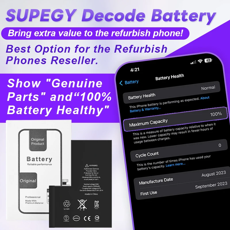 СУПEGY НОВАЯ декодирующая батарея, не требует точечного сварки для IPhone 11proMax 12pro 13promax 14promax 15Promax BMS Board 0 Cycles Battery
СУПEGY НОВАЯ декодирующая батарея, не требует точечного сварки для IPhone 11proMax 12pro 13promax 14promax 15Promax BMS Board 0 Cycles Battery