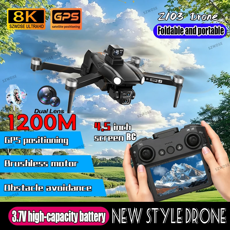 New Z103 LCD Screen RC FPV Drone 8K HD 120 ° wide angle Camera WIFI 360° Obstacle Avoidance GPS Dron Brushless RC Quadcopter Toy
New Z103 LCD Screen RC FPV Drone 8K HD 120 ° wide angle Camera WIFI 360° Obstacle Avoidance GPS Dron Brushless RC Quadcopter Toy