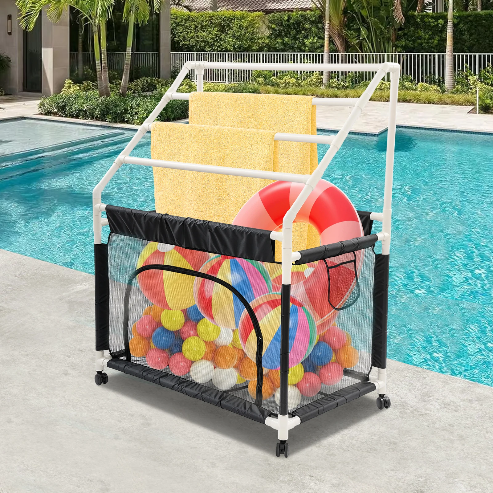 Pool Storage Bin with 360° Swivel Casters, Spacious Mesh Storage & Towel Rack, Easy Mobility & Ventilation, Anti-Moisture Design
Pool Storage Bin with 360° Swivel Casters, Spacious Mesh Storage & Towel Rack, Easy Mobility & Ventilation, Anti-Moisture Design
