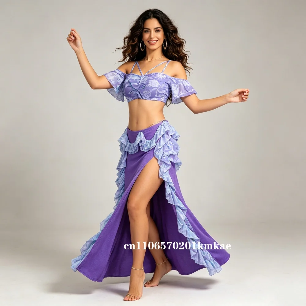 Boho Style Two Piece Belly Dance Dress Floral Cold Shoulder Top Ruffle Side Slit Long Skirt For Women Dance Class Stage Show
Boho Style Two Piece Belly Dance Dress Floral Cold Shoulder Top Ruffle Side Slit Long Skirt For Women Dance Class Stage Show