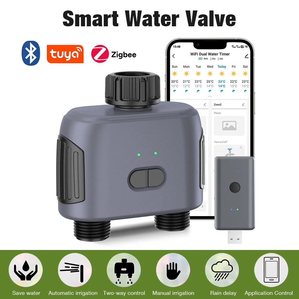2 Outlets Smart Irrigation Watering System Zigbee/Bluetooth Garden Water Timer Timed Water Valve Automatic Irrigation Controller
2 Outlets Smart Irrigation Watering System Zigbee/Bluetooth Garden Water Timer Timed Water Valve Automatic Irrigation Controller