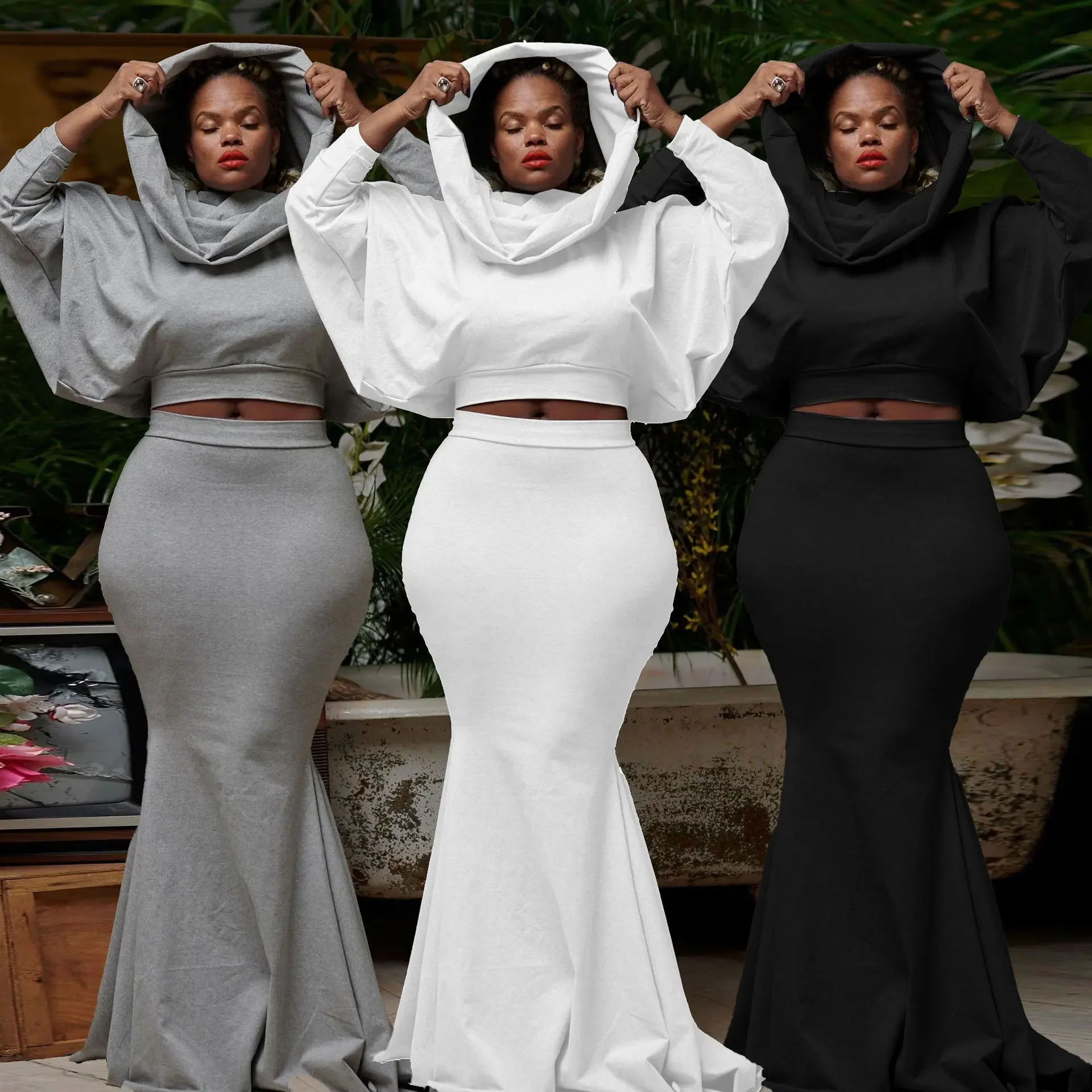Women High Waist Mermaid Midi Maxi Skirt and Batwing Long Sleeve Hooded Top Sexy Two 2 Piece Dress Sets Outfits
Women High Waist Mermaid Midi Maxi Skirt and Batwing Long Sleeve Hooded Top Sexy Two 2 Piece Dress Sets Outfits
