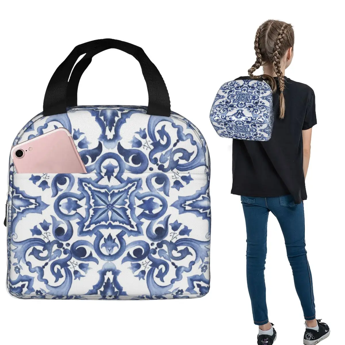 Blue Ornate Floral Mediterranean Sicilian Tile Insulated Lunch Bag for Women Children Portable Food Boxes Thermal Lunch Box Tote
Blue Ornate Floral Mediterranean Sicilian Tile Insulated Lunch Bag for Women Children Portable Food Boxes Thermal Lunch Box Tote