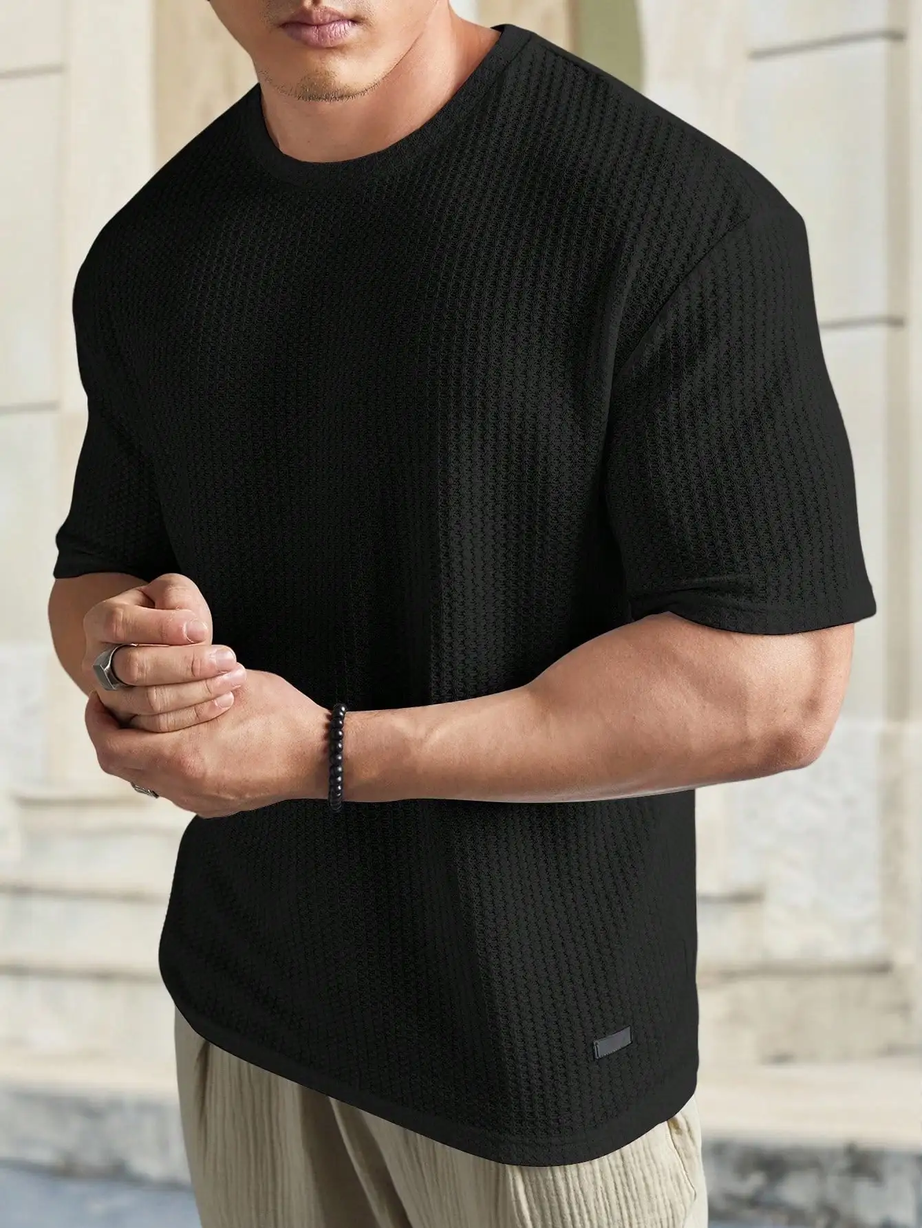 Men's Black Waffle Knit Short Sleeve Tee - Lightweight Casual Summer Top
Men's Black Waffle Knit Short Sleeve Tee - Lightweight Casual Summer Top