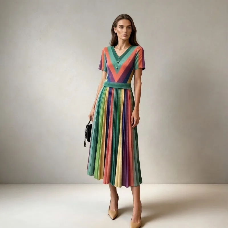Miyake Pleated Rainbow Print Dresses 2026 Summer New Fold Elegant Slim Pleats Colorful Striped Color Block Waist-Cinching Dress
Miyake Pleated Rainbow Print Dresses 2026 Summer New Fold Elegant Slim Pleats Colorful Striped Color Block Waist-Cinching Dress