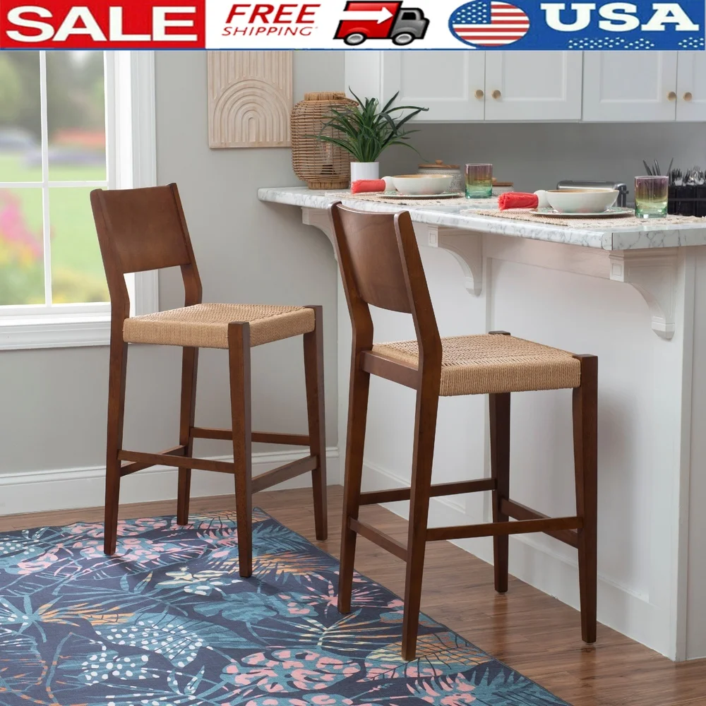 Indoor Wood Bar Stool Set of 2 Handwoven Rope Seat Midcentury Modern Design Rubberwood Frame Angled Backrest Footrails 29in
Indoor Wood Bar Stool Set of 2 Handwoven Rope Seat Midcentury Modern Design Rubberwood Frame Angled Backrest Footrails 29in