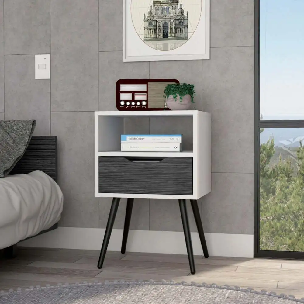 Nightstand 25"H, Superior Top, Four Legs, One Open Shelf, One Drawer, Smokey Oak / White
Nightstand 25"H, Superior Top, Four Legs, One Open Shelf, One Drawer, Smokey Oak / White