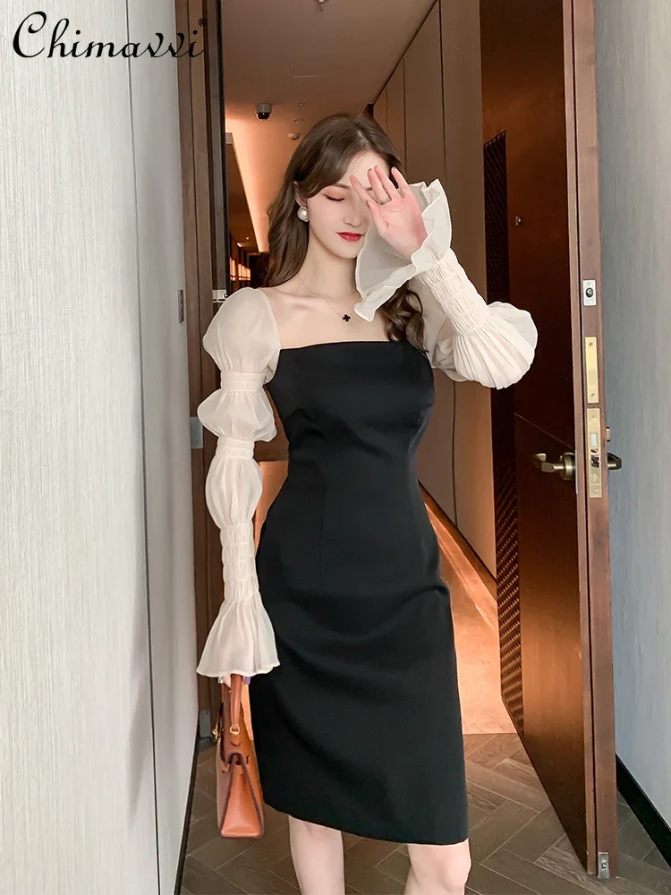 French Elegant Temperament Square Neck Mesh Stitching Long Sleeve High Waist Slim Hip-wrapped Black Evening Dress Women Autumn
French Elegant Temperament Square Neck Mesh Stitching Long Sleeve High Waist Slim Hip-wrapped Black Evening Dress Women Autumn