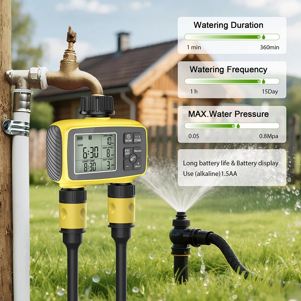 Automatic Water Timer 2-Outlet Digital Irrigation Control System IPX5 Waterproof Garden Watering Device Programmable Sprinkler
Automatic Water Timer 2-Outlet Digital Irrigation Control System IPX5 Waterproof Garden Watering Device Programmable Sprinkler