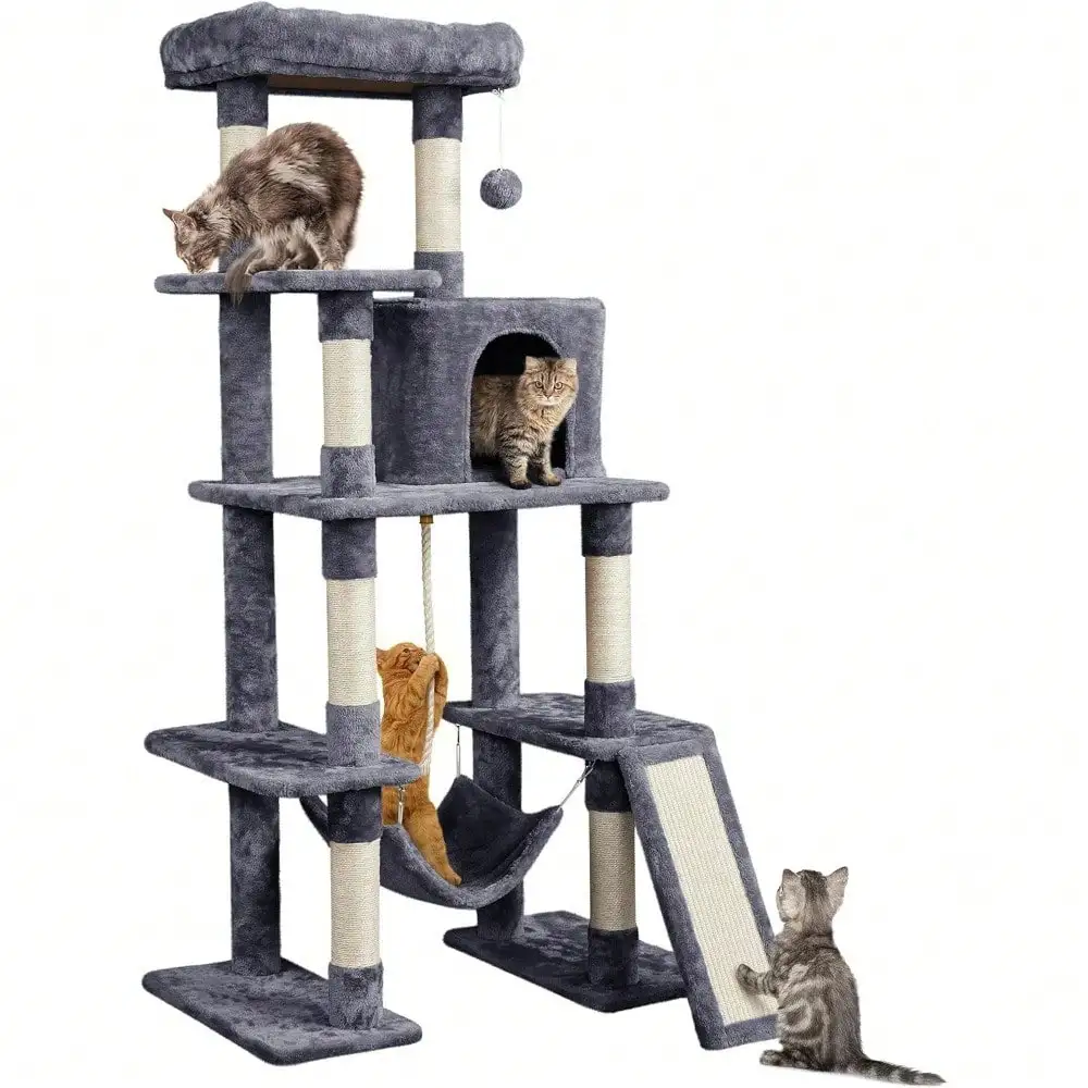 Large Multi-Level Cat Tree, 63 Inches Tall With Sisal-Covered Scratching Posts, Condo, Hammock, Dangling Ball, And Extended Plat
Large Multi-Level Cat Tree, 63 Inches Tall With Sisal-Covered Scratching Posts, Condo, Hammock, Dangling Ball, And Extended Plat