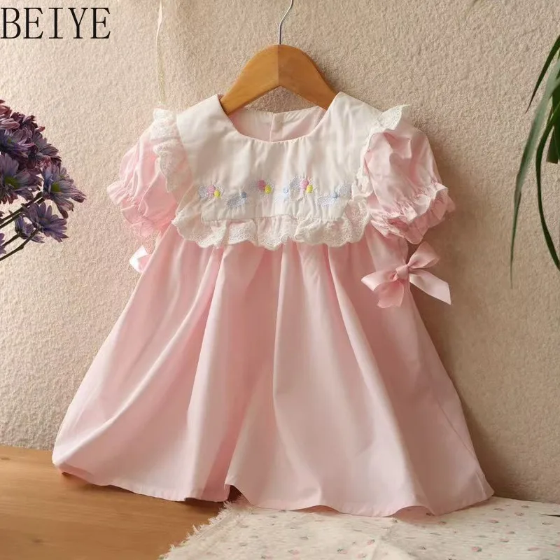 Girls Peter Pan Collar Lace Dress Kids Puff Sleeve Pink Embroidery Princess Dress Toddler Summer Casual Sundress with Bow
Girls Peter Pan Collar Lace Dress Kids Puff Sleeve Pink Embroidery Princess Dress Toddler Summer Casual Sundress with Bow