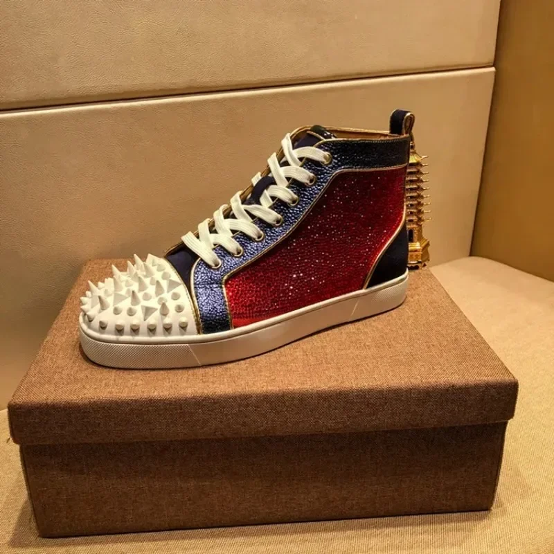 Designer Luxury RhinestoneRivets Red sole shoes diamond high-top flat leather casual sneakers
Designer Luxury RhinestoneRivets Red sole shoes diamond high-top flat leather casual sneakers