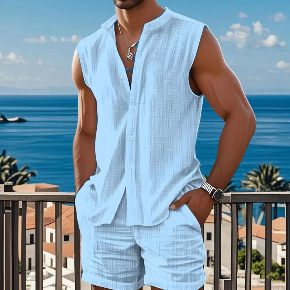 2Pcs/Set Men Summer Outfit Stand Collar Sleeveless Buttons Placket Shirt Tops Wide Leg Shorts Button-up Pocket Two-Piece Suit
2Pcs/Set Men Summer Outfit Stand Collar Sleeveless Buttons Placket Shirt Tops Wide Leg Shorts Button-up Pocket Two-Piece Suit