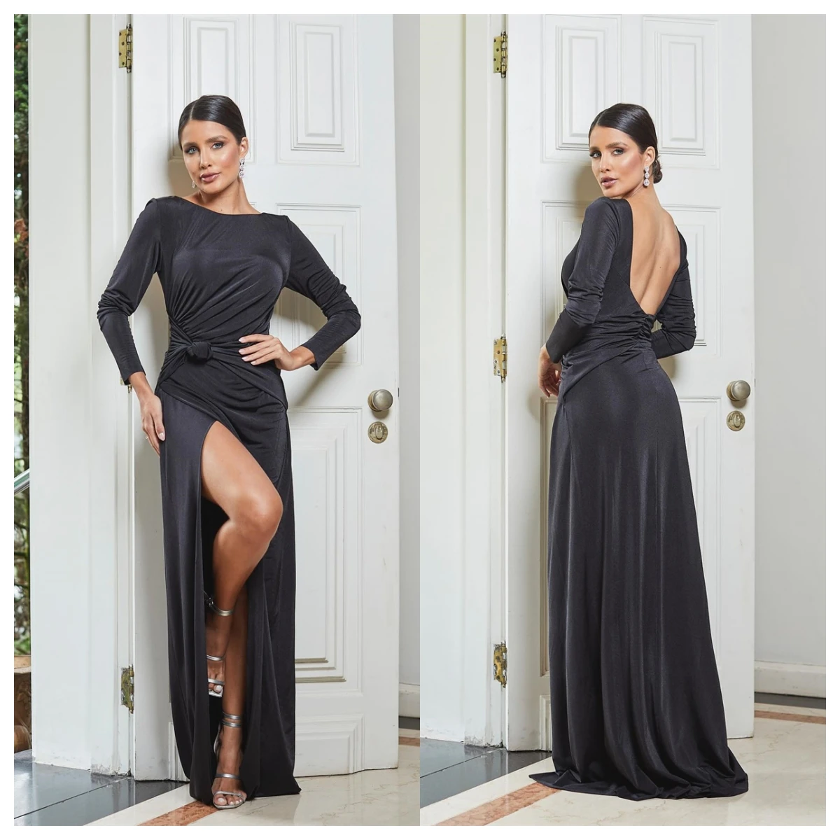 Customized Modern Black Satin Evening Dress Scoop Long Sleeves Celebrity Gowns Open Back Bridal Party High Quality Del
Customized Modern Black Satin Evening Dress Scoop Long Sleeves Celebrity Gowns Open Back Bridal Party High Quality Del