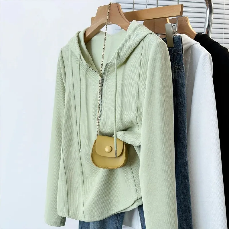 Spring Autumn Solid Ribbed Hooded Top Women Half Zip Drawstring Slim Fit Casual Long Sleeve Hoodie
Spring Autumn Solid Ribbed Hooded Top Women Half Zip Drawstring Slim Fit Casual Long Sleeve Hoodie