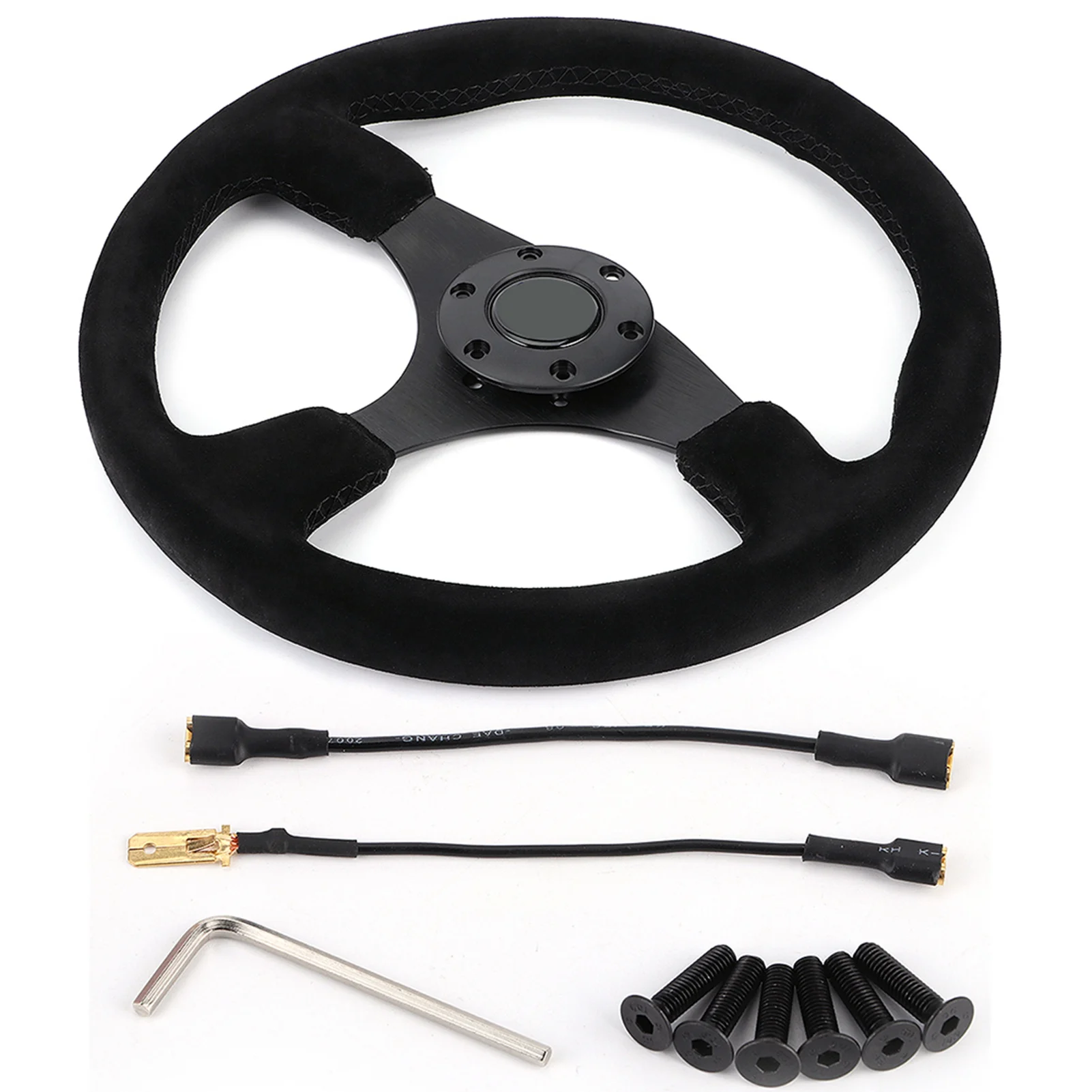 14in/350mm for Style 6‑Bolt Black Suede Racing Steering Wheel Black Stitching with Horn Button
14in/350mm for Style 6‑Bolt Black Suede Racing Steering Wheel Black Stitching with Horn Button