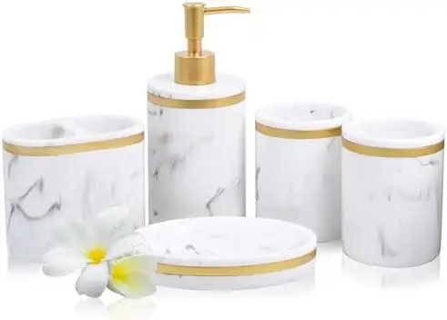 5-Piece Bathroom Set - Marble Resin Soap Dispenser, Dish, Tumblers & Toothbrush Holder (Classic White)
5-Piece Bathroom Set - Marble Resin Soap Dispenser, Dish, Tumblers & Toothbrush Holder (Classic White)