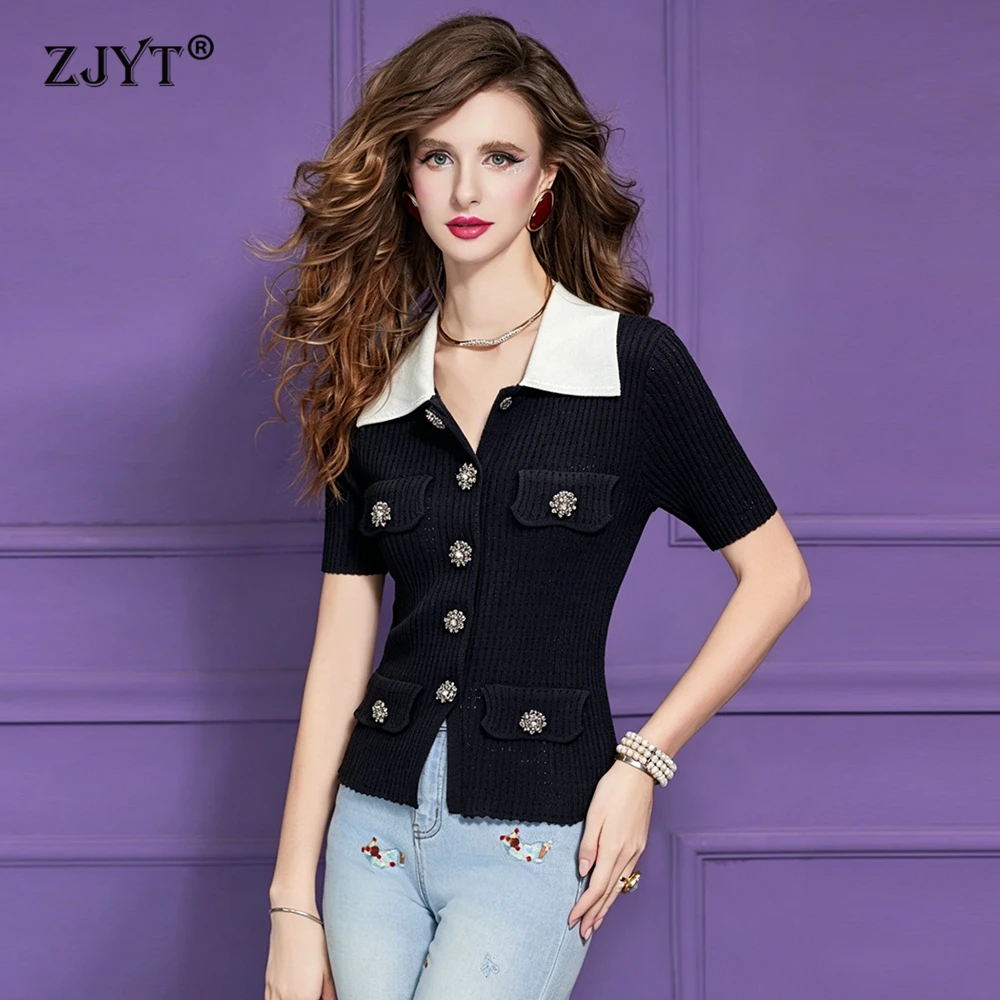 ZJYT Summer New 2026 Women's Knit Tops Short Sleeve Crystal Buttons Cardigans Sweaters Black White Jersey Mujer Pleated Skirts
ZJYT Summer New 2026 Women's Knit Tops Short Sleeve Crystal Buttons Cardigans Sweaters Black White Jersey Mujer Pleated Skirts