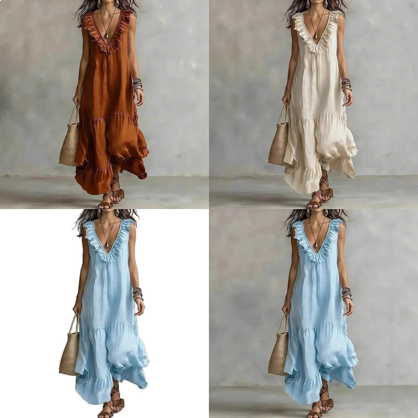 Solid Color Sleeveless V Neck Floral Hem Maxi Dress Casual Long Dress for Spring Summer
Solid Color Sleeveless V Neck Floral Hem Maxi Dress Casual Long Dress for Spring Summer