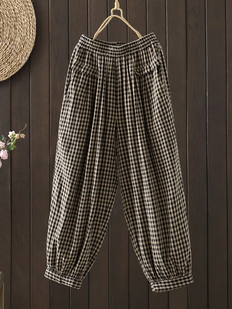 Retro Cotton Linen Plaid Lantern Pants Women Summer Elastic Waist Slim Fit Trousers Casual Harlan Pants Commute Style
Retro Cotton Linen Plaid Lantern Pants Women Summer Elastic Waist Slim Fit Trousers Casual Harlan Pants Commute Style