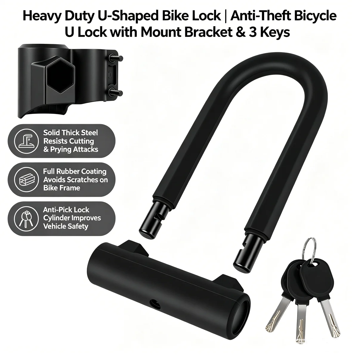 Heavy Duty Bicycle U Lock Anti-Theft Alloy Steel Bike U-Lock Set with 3 Keys Mounting Bracket for Road Mountain E-Bike Scooter
Heavy Duty Bicycle U Lock Anti-Theft Alloy Steel Bike U-Lock Set with 3 Keys Mounting Bracket for Road Mountain E-Bike Scooter