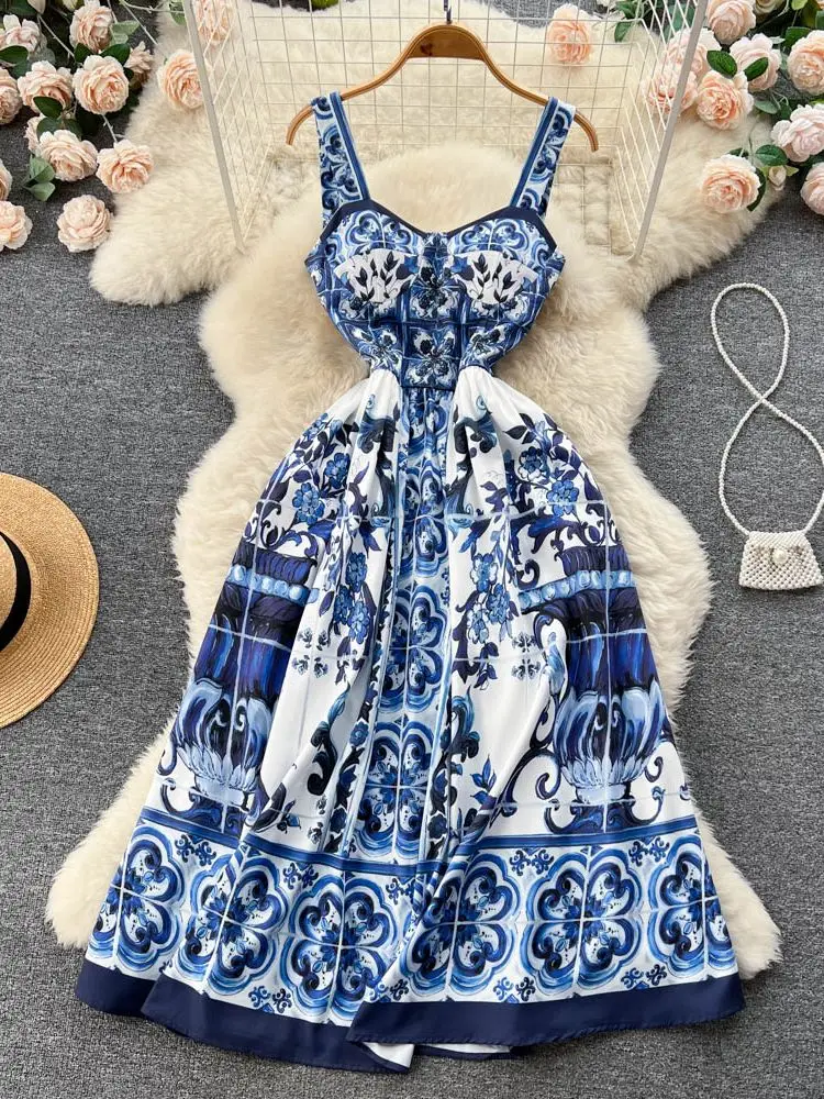 Banulin Summer Fashion Designer Midi Dress Women's Spaghetti Strap Blue and White Porcelain Printing Holiday Vacation Dresses
Banulin Summer Fashion Designer Midi Dress Women's Spaghetti Strap Blue and White Porcelain Printing Holiday Vacation Dresses