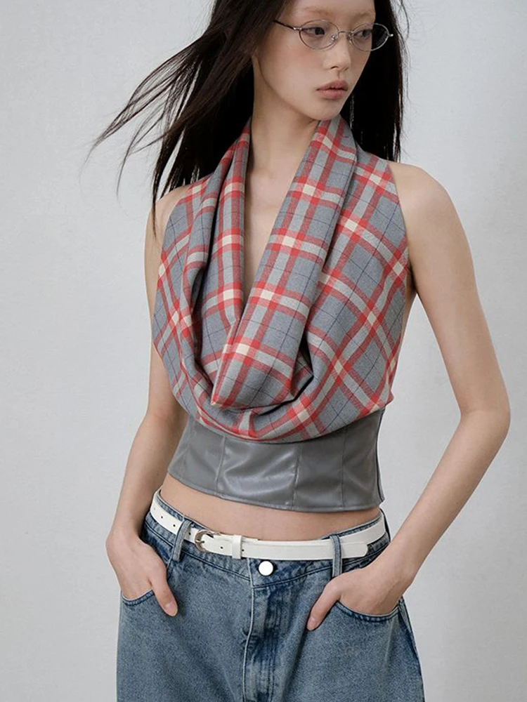 Vintage Y2K Backless Plaid T Shirt Women Streetwear Pu Patchwork Sexy Slim Design Tees Retro American Harajuku Lady Hip Hop Tops
Vintage Y2K Backless Plaid T Shirt Women Streetwear Pu Patchwork Sexy Slim Design Tees Retro American Harajuku Lady Hip Hop Tops