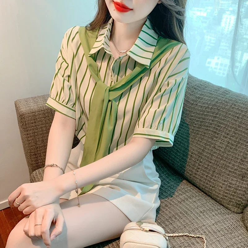 New 2024 Chiffon Spring/Summer Women's Blouse Casual Fashion Advanced Temperament Simplicity Tops Stripe Short Sleeved Shirt
New 2024 Chiffon Spring/Summer Women's Blouse Casual Fashion Advanced Temperament Simplicity Tops Stripe Short Sleeved Shirt
