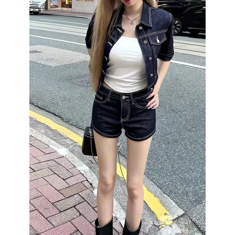 Korean Minimal Denim Two Piece Set Cropped Short Sleeve Jacket High Waist Shorts Streetwear Outfit
Korean Minimal Denim Two Piece Set Cropped Short Sleeve Jacket High Waist Shorts Streetwear Outfit