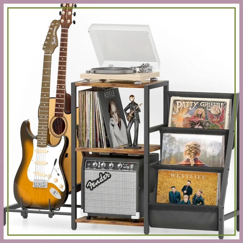 3-Tier Record Player Stand with Guitar Holder, Holds 200 Vinyl Albums, Acoustic Electric Bass Guitar Stand with Amp Shelf
3-Tier Record Player Stand with Guitar Holder, Holds 200 Vinyl Albums, Acoustic Electric Bass Guitar Stand with Amp Shelf