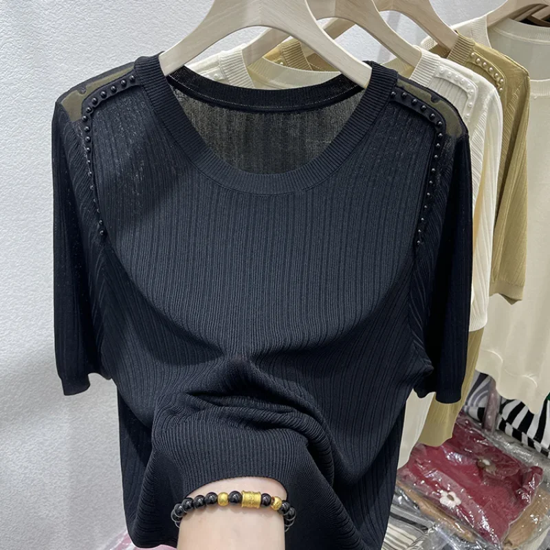 Summer Ice Silk O-neck Short Sleeve T-shirt Women's Fashion Embroidered Flares Solid Thin Casual Versatile Loose Simple Knit Top
Summer Ice Silk O-neck Short Sleeve T-shirt Women's Fashion Embroidered Flares Solid Thin Casual Versatile Loose Simple Knit Top