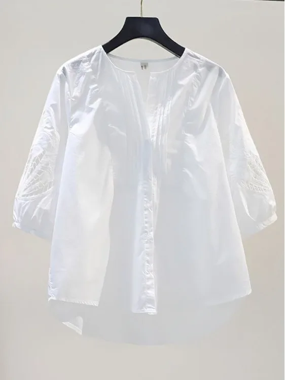 White Hollow out Loose Fit Slimming Summer Shirt for Women Seven Quarter Sleeve round Neck Pure Cotton Breathable Casual Top
White Hollow out Loose Fit Slimming Summer Shirt for Women Seven Quarter Sleeve round Neck Pure Cotton Breathable Casual Top