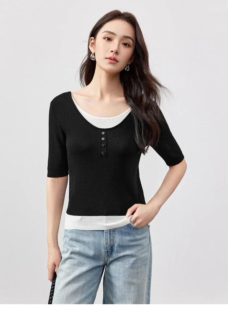 SENTUBILA Women's Fake Two-piece Color Block U-neck Half Sleeve Knit Top 2026 Summer New Slim-fit Base Shirt Pullovers W51E58631
SENTUBILA Women's Fake Two-piece Color Block U-neck Half Sleeve Knit Top 2026 Summer New Slim-fit Base Shirt Pullovers W51E58631