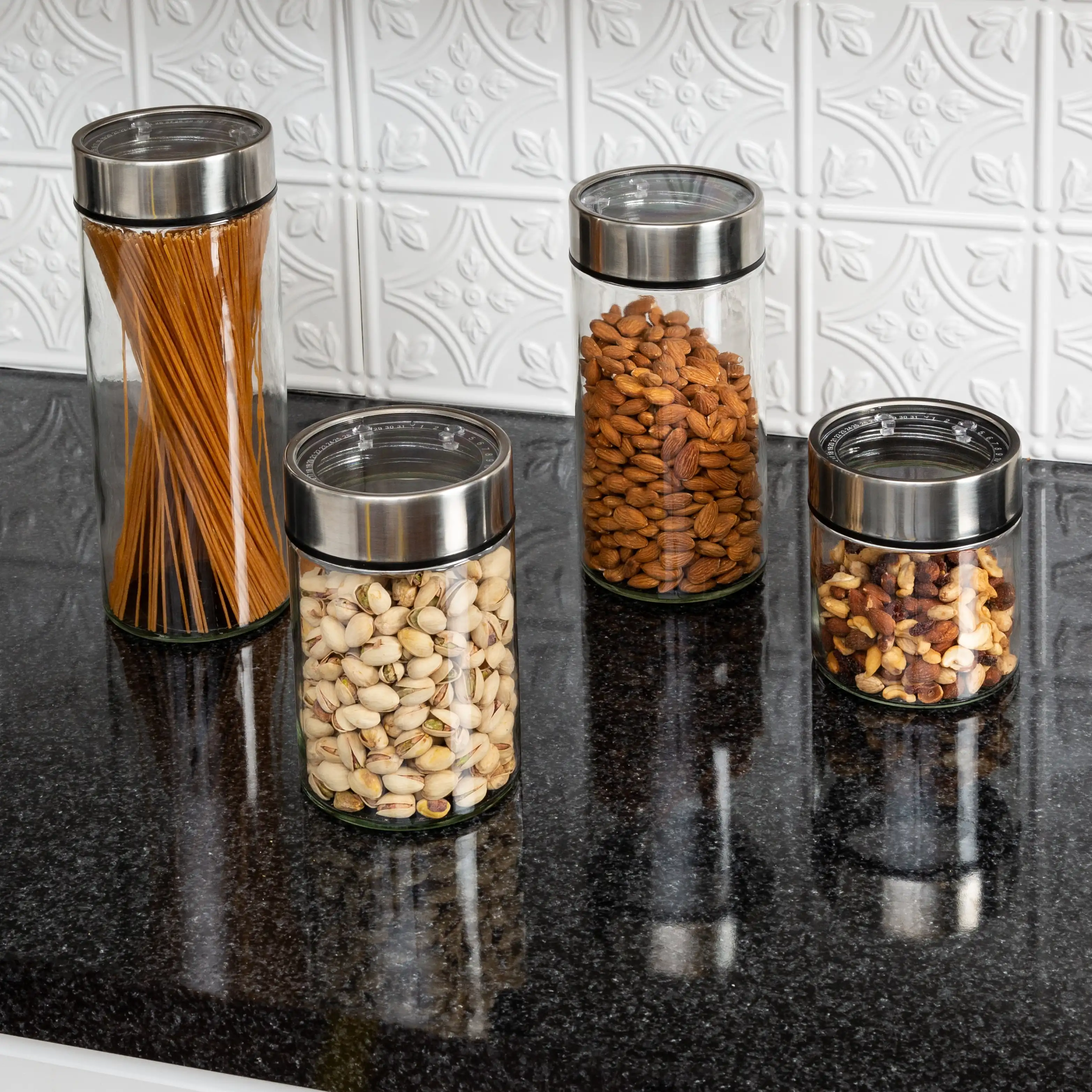 Clear Glass 4-Piece Kitchen Canister Set with Stainless Steel Lids and Fresh-Date Dials
Clear Glass 4-Piece Kitchen Canister Set with Stainless Steel Lids and Fresh-Date Dials