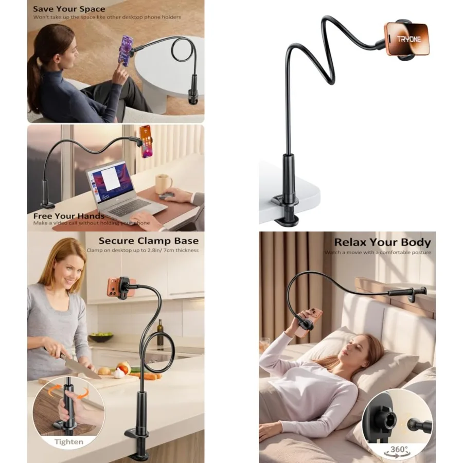Gooseneck Phone Holder Hands-Free for Phone Viewing Or Recording, Adjustable Stable Metal Cell Stand Mount for Desk Table Bed,
Gooseneck Phone Holder Hands-Free for Phone Viewing Or Recording, Adjustable Stable Metal Cell Stand Mount for Desk Table Bed,
