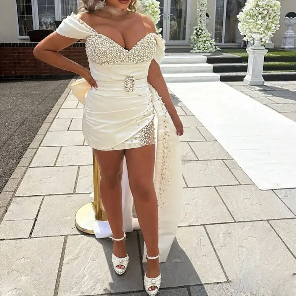 Major Beads Pearls Prom Dresses Off The Shoulder Big Bow Mini Cocktail Dress Custom Made Satin Bow Train Girls Party Gowns
Major Beads Pearls Prom Dresses Off The Shoulder Big Bow Mini Cocktail Dress Custom Made Satin Bow Train Girls Party Gowns