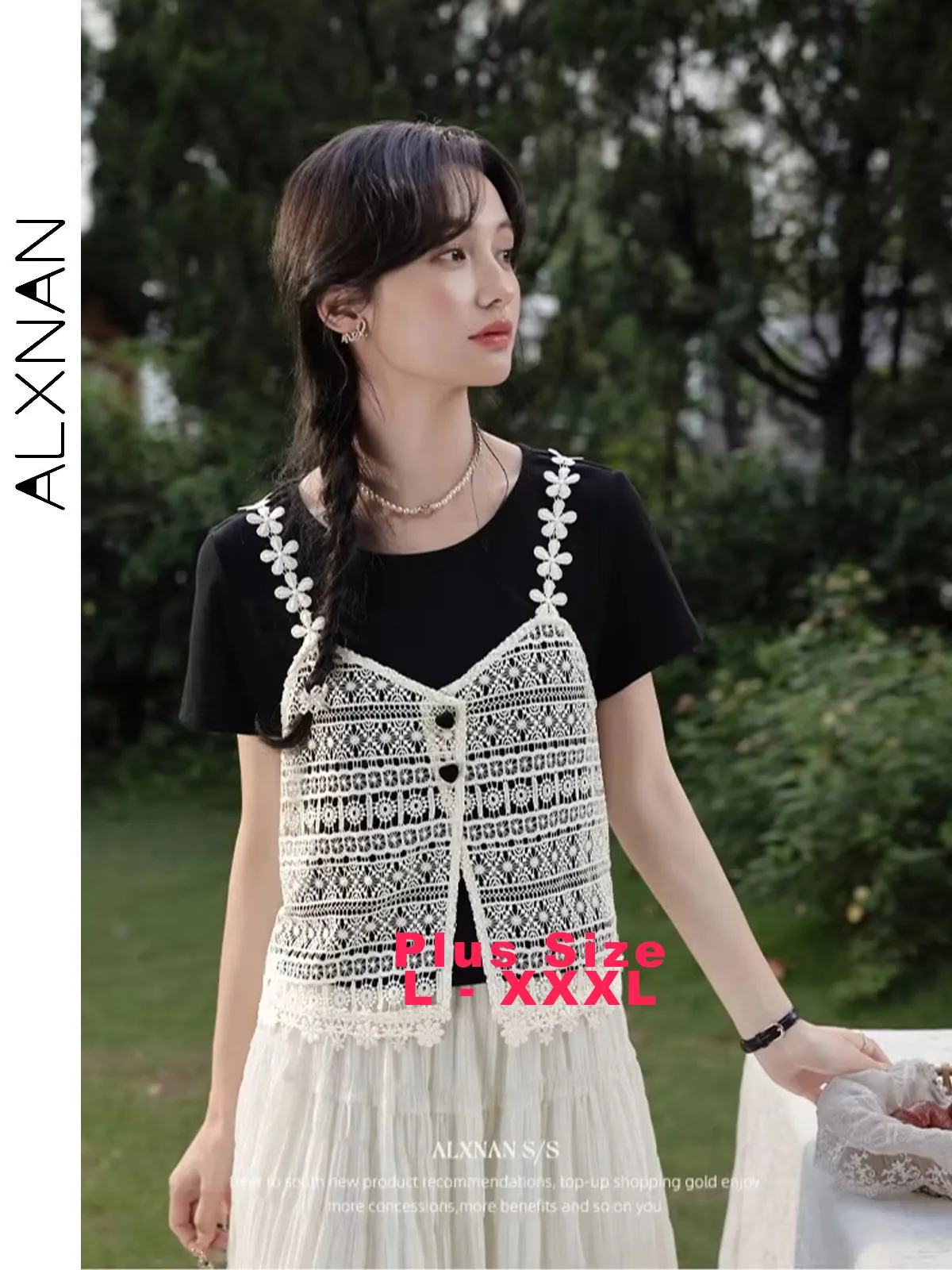 ALXNAN Plus Size Black T-shirt Fake Two-piece Sweet Cotton Women's T-shirts 2025 Summer Elegant Casual Short Sleeve Tops D11262 
ALXNAN Plus Size Black T-shirt Fake Two-piece Sweet Cotton Women's T-shirts 2025 Summer Elegant Casual Short Sleeve Tops D11262