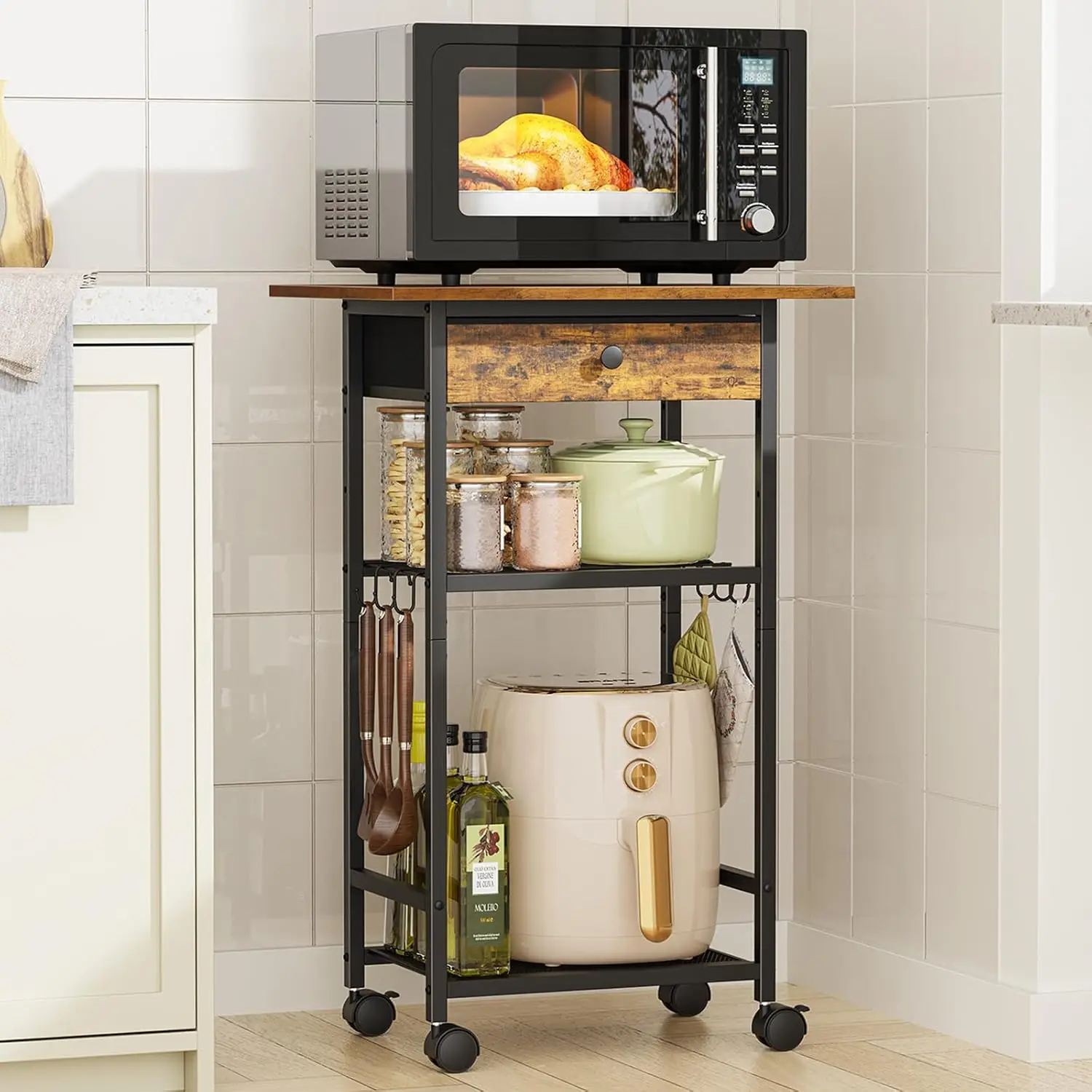 4-Tier Microwave Cart with Adjustable Shelf, Rolling Kitchen Storage Stand, Rustic Brown for Living Room, Office
4-Tier Microwave Cart with Adjustable Shelf, Rolling Kitchen Storage Stand, Rustic Brown for Living Room, Office