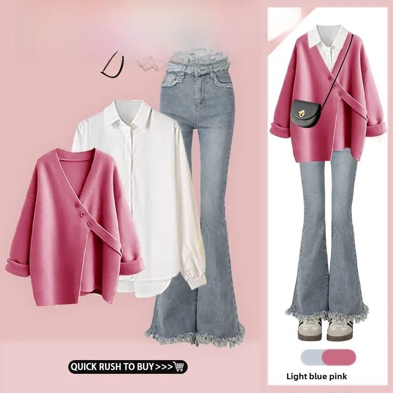 Early Autumn Fashion High-End Slimming Pink Sweater Shirt Bell Bottoms Three-Piece Set Women's Stylish Ensemble Casual Wear
Early Autumn Fashion High-End Slimming Pink Sweater Shirt Bell Bottoms Three-Piece Set Women's Stylish Ensemble Casual Wear