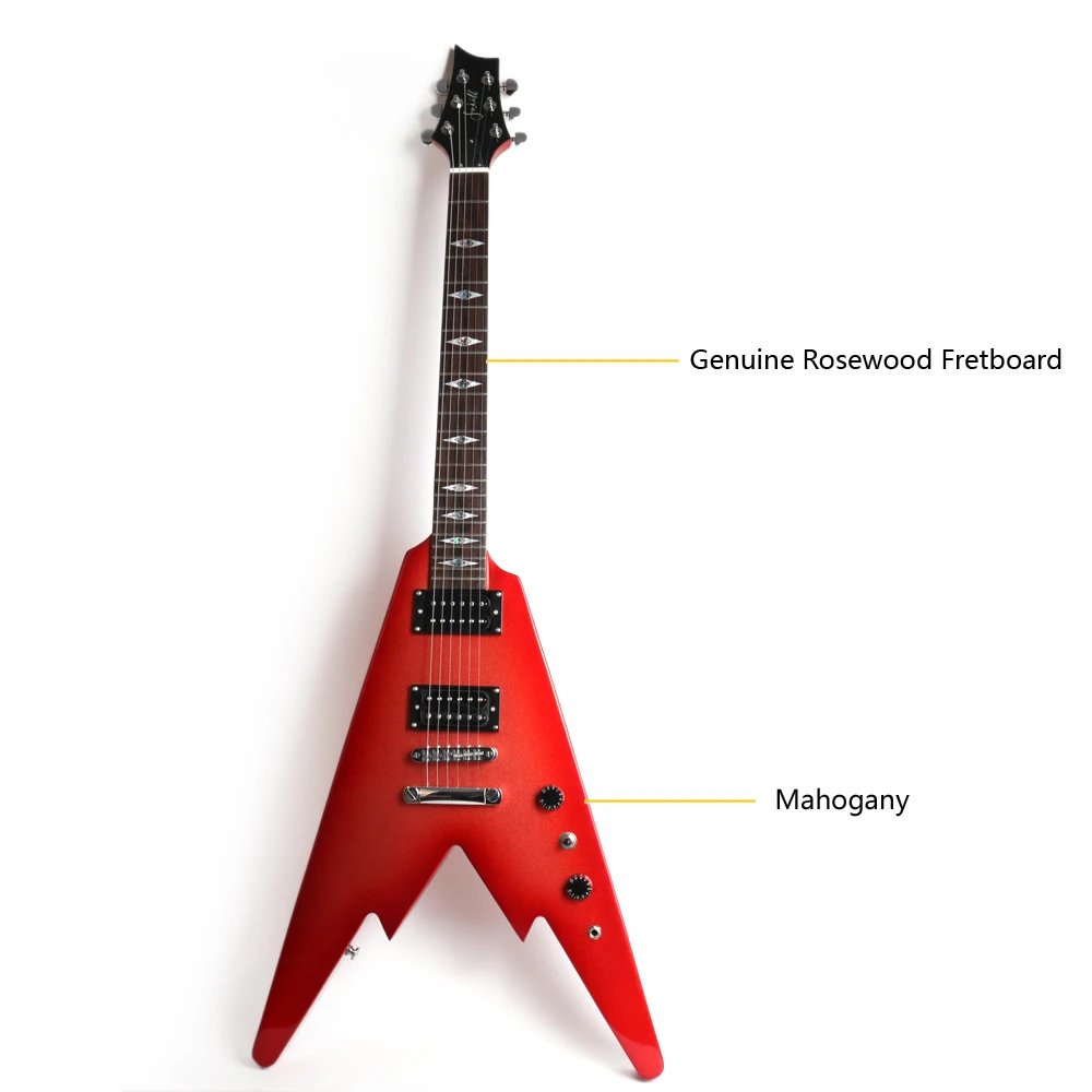 Metallic red burst color electric v guitar maple neck rosewood FN mahogany body bone nut stainless frets 22 F Alnico pickups
Metallic red burst color electric v guitar maple neck rosewood FN mahogany body bone nut stainless frets 22 F Alnico pickups