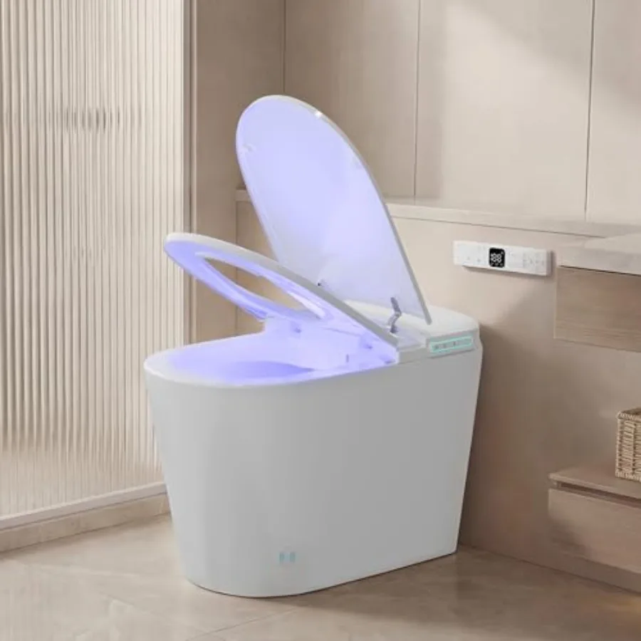 Smart toilet for bathroom use, ceramic white, tankless design with bidet, heated seat, night light, soft-close lid, dryer, foot
Smart toilet for bathroom use, ceramic white, tankless design with bidet, heated seat, night light, soft-close lid, dryer, foot